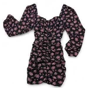 Cotton Candy LA black and pink floral ruched backless dress long sleeves Size M